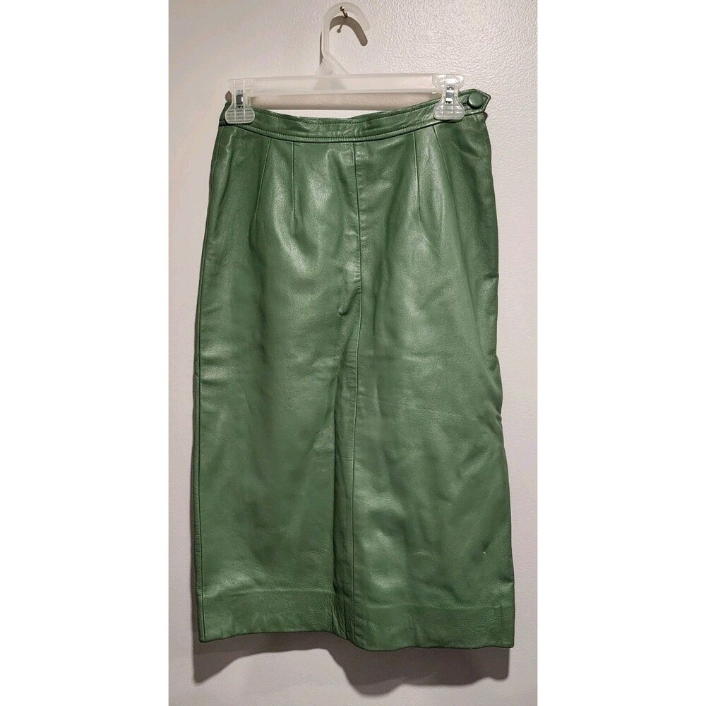 Vintage I Magnin Green Leather Pencil Skirt 26 Waist Midi High Waist